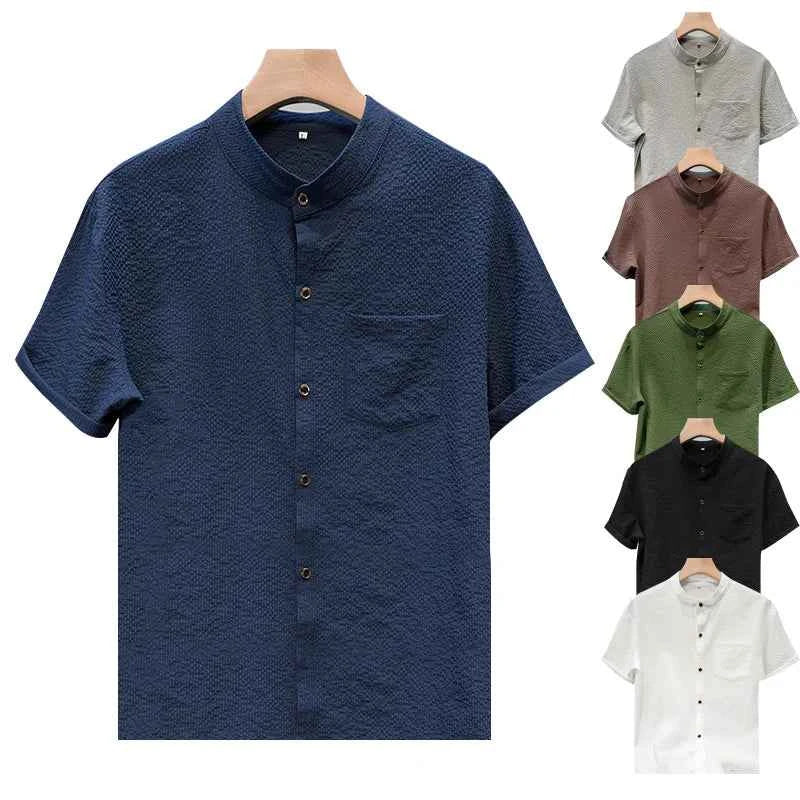 M-5XL Summer Men's Shirt Short Sleeved with Bubble Gauze Textured Fabric Thin Quick Drying Stand Up Collar Short Sleeved Shirt