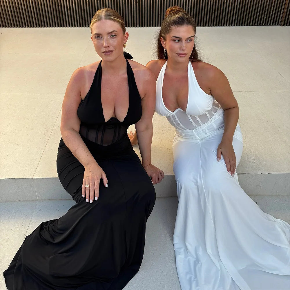 Elegant White Long Curvy Dress Women's Halter Deep V Backless Black Mesh Ruched Maxi Dresses Evening Party Cocktail Robe Summer