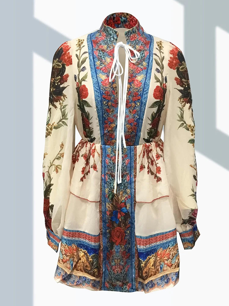 Bohemian Ethnic Style Women's Mini Dress Fashion O-Neck Lantern Sleeves Retro Floral Pattern Print Lace-Up Mini Dresses 2025