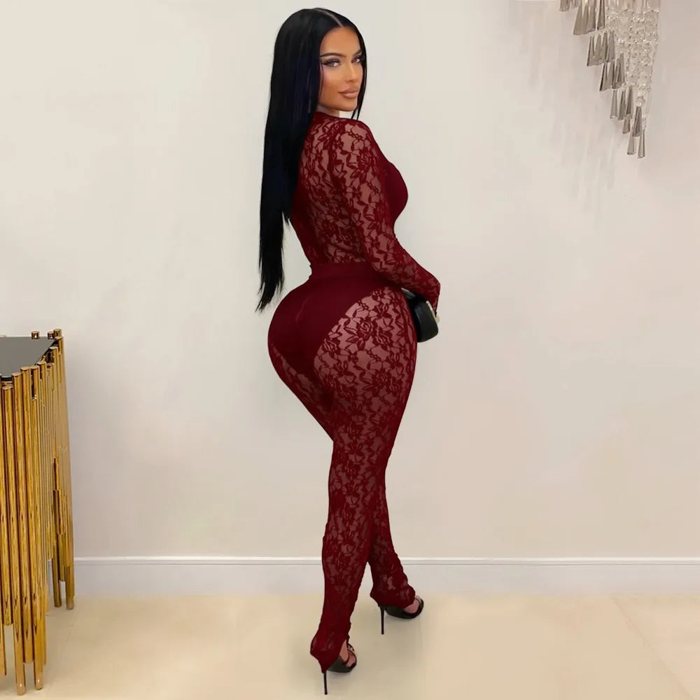 FLARORA Sexy Lace Hollow See Through Jumpsuits Woman O Neck Full Sleeve Peach Hip Slim Jumpsuit Midnight Party Clubwear Overalls