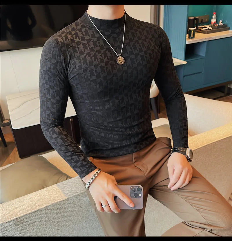 Camiseta elástica estampada de gola alta semi alta para homens, roupas de outono, nova, mangas compridas, jacquard, justa, cor sólida, camiseta slim fit