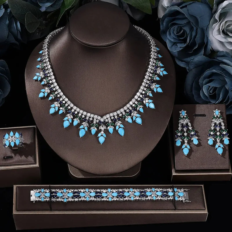 Conjunto de joias de casamento de zircônia cúbica, conjunto de 4 peças para noivas, conjunto de joias femininas, reprodução de marca de joias