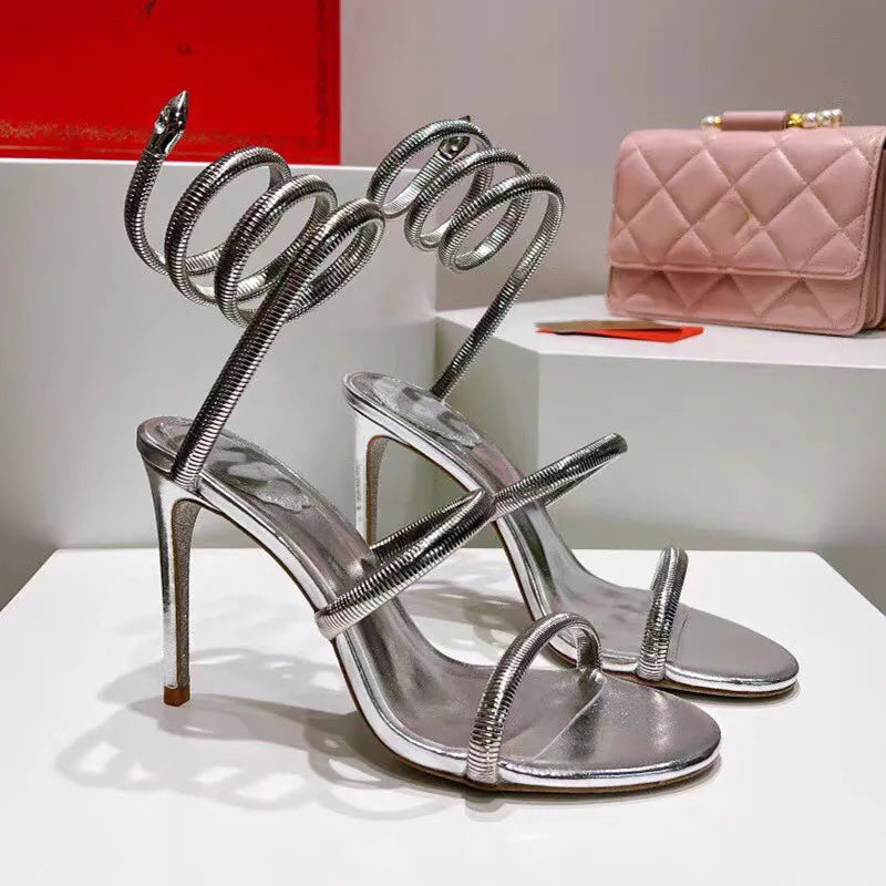 Star style Sexy Narrow band Coiled-strap Women Sandals Fashion Summer Stiletto High heels Gladiator Sandals Party Prom Shoes