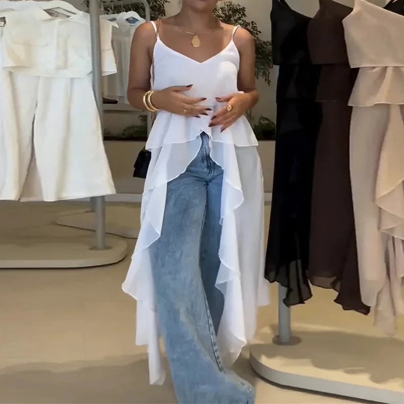 Blusa feminina longa com babados, elegante, lisa, sem mangas, casual, 2025, praia, decote em V, costas nuas, blusa feminina