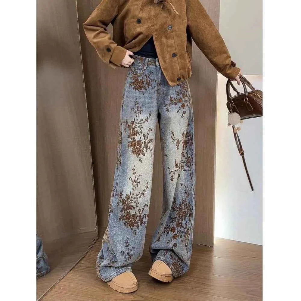 Women's Fashion Flocked Jacquard Wide-Leg Jeans - 2025 New Winter Style, High-Waisted, Slimming, Straight-Leg