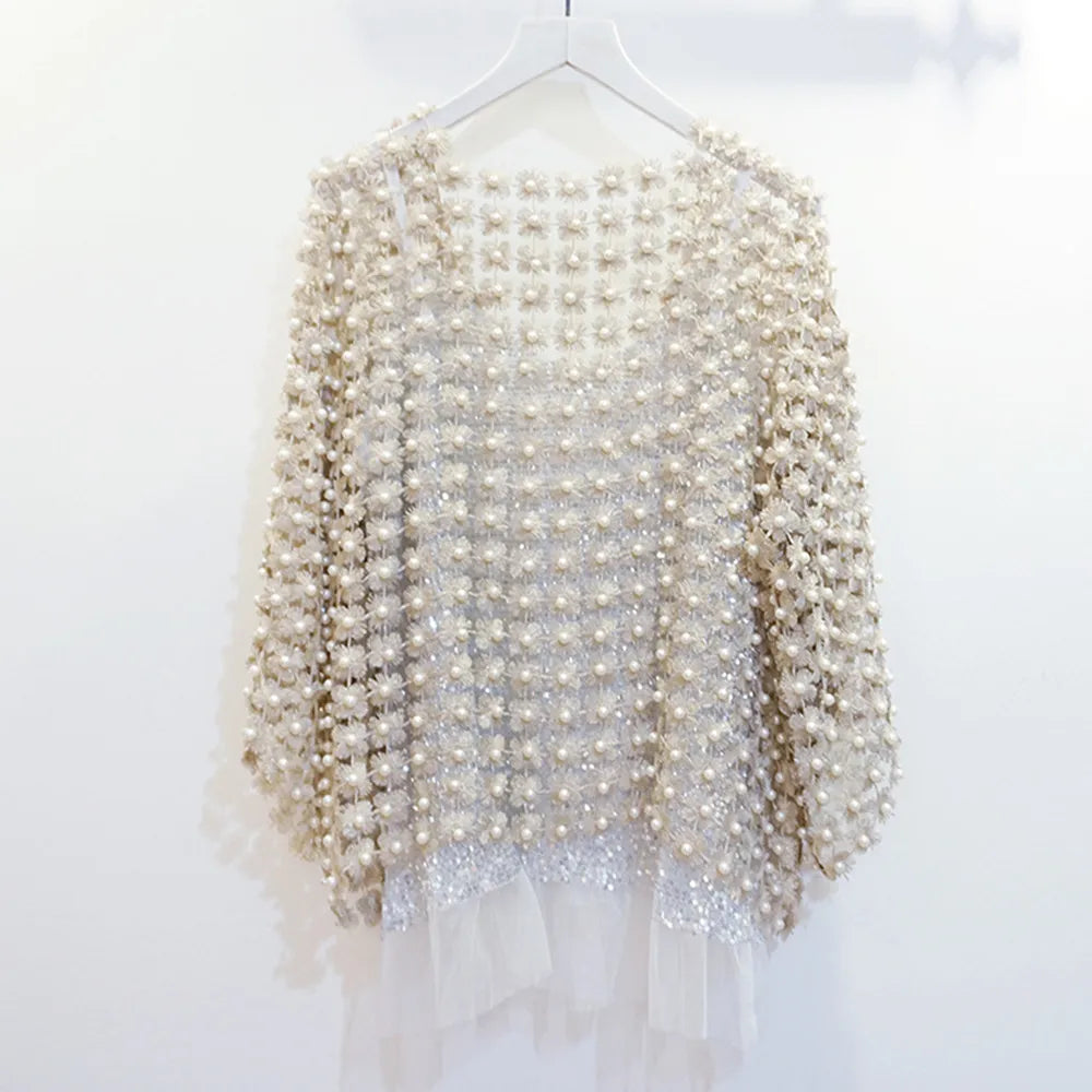 Women Beads Coat 2025 Summer Style Women Perspective Shawl Fashion Hollow Out Lace Boleros Short Sleeve Coats Jackets Femal