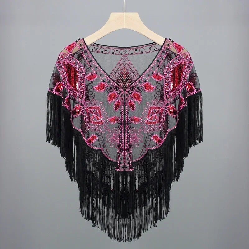 Summer Sequins Tassels Poncho Women Coat Party Outfits Cape Mesh Jacket Ladies Cloak Shawls Casaco Outerwear Wraps Woman Clothes