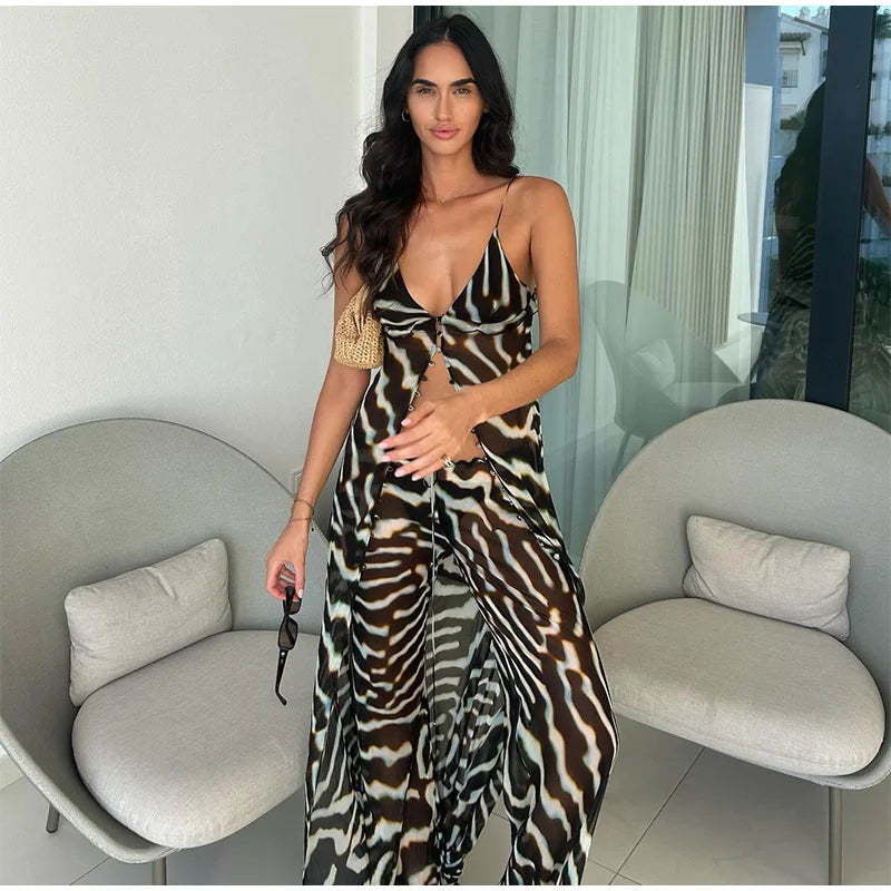 Women's Zebra Print Sheer Chiffon 2 Piece Set V-Neck Slip Tank Top Wide Leg Pants Casual Vacation Chic Outfits