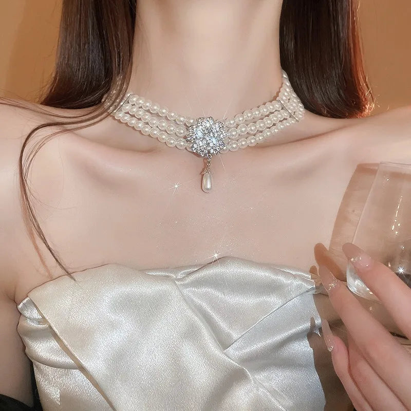 Flower Party Necklaces Women French Luxury Imitation Pearl Multi-layer Necklaces Bracelet Earrings Rhinestone Jewelry Sets K-