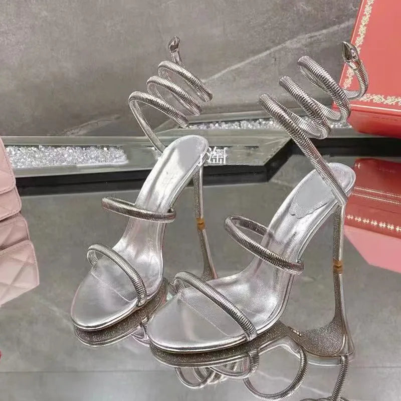 Star style Sexy Narrow band Coiled-strap Women Sandals Fashion Summer Stiletto High heels Gladiator Sandals Party Prom Shoes