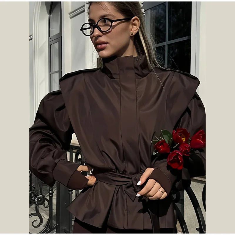 Fashion Stand Collar Belted Waist Short Jacket For Women Casual Puff Sleeve Wide Shoulder Coat Lady 2026 Chic Street Outerwear