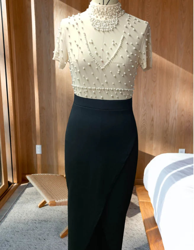Women's Dress Elegant Formal Party Evening Dress Mesh Bubble Bead Spliced Short Sleeve Bodycon Wrap Hip Split Midi Dress