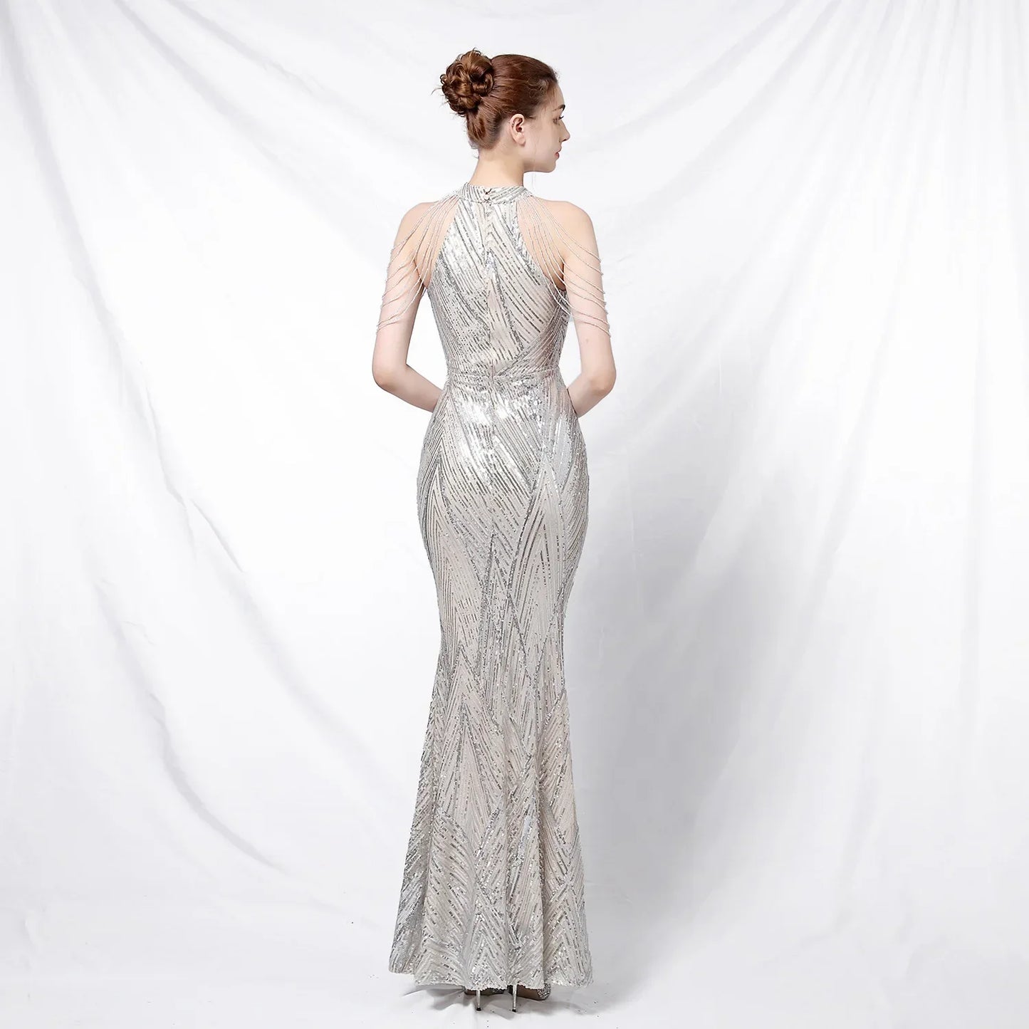 Xmas Sequin Maxi Dress Halter Neck Stripe Mermaid Long Lady Coctail Prom Dress Party Evening Dancing Performance Shimmering Wear