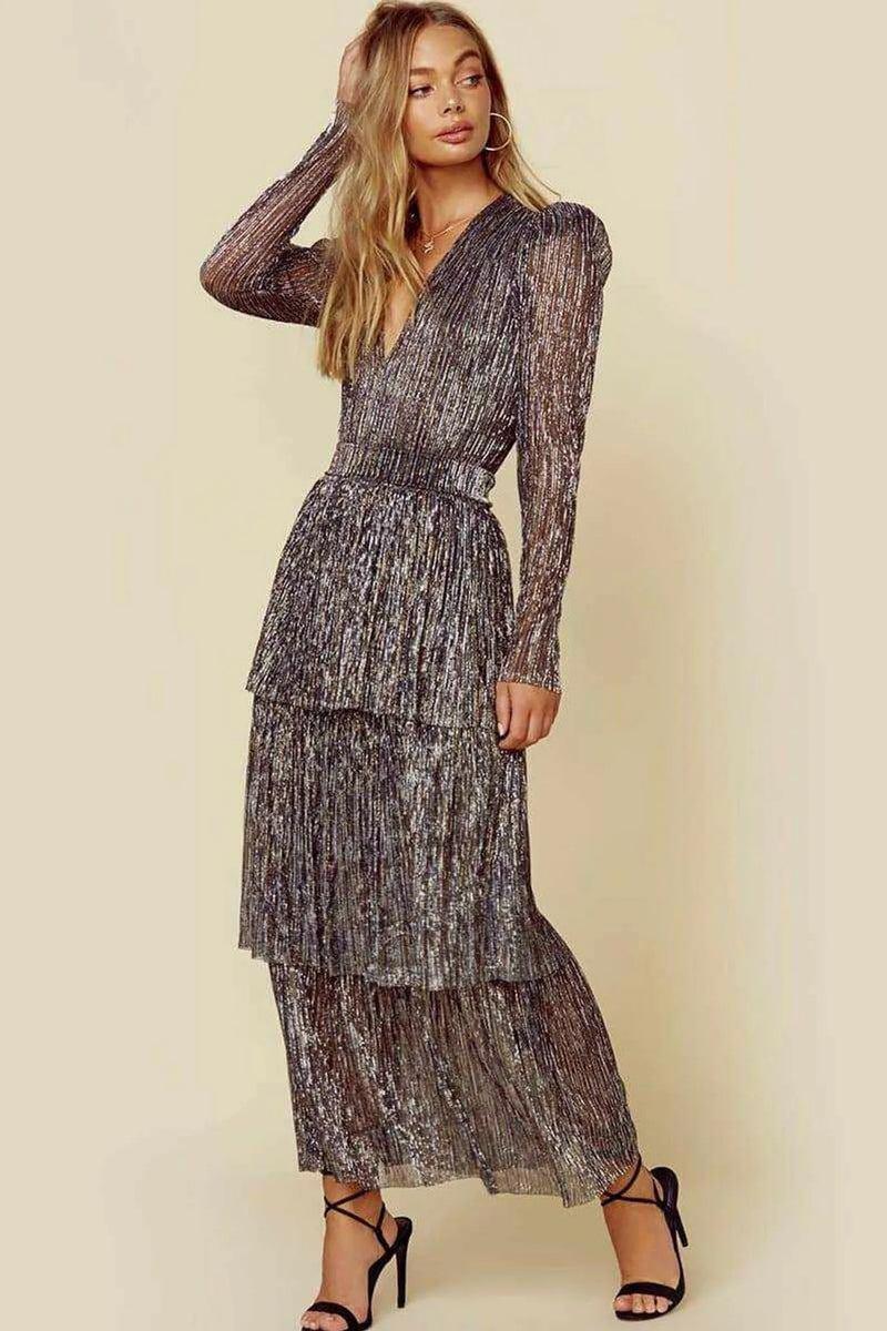 Vestido Feminino Plissado Costura Cintura Alta Vestido Feminino Manga Bufante Decote Em V Irregular Festa À Noite Vestido Elegante