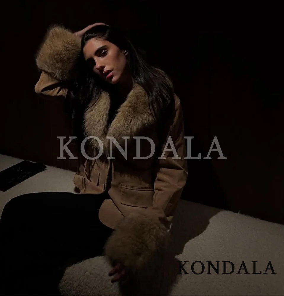KONDALA Fall Fur Collar Suede Blazer Women's Elegant Buttons Slim Suit Jacket 2025 Autumn Fashion High Street Faux Fur Blazer