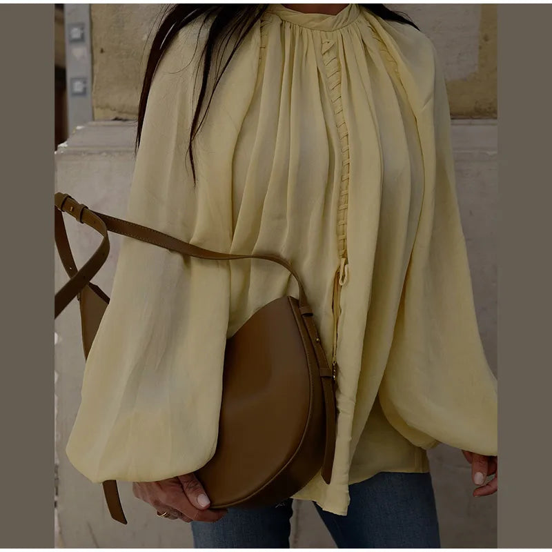 Blusa de chiffon com babados e manga comprida, blusa feminina casual solta, gola V, manga comprida, blusa de rua, primavera/verão 2025