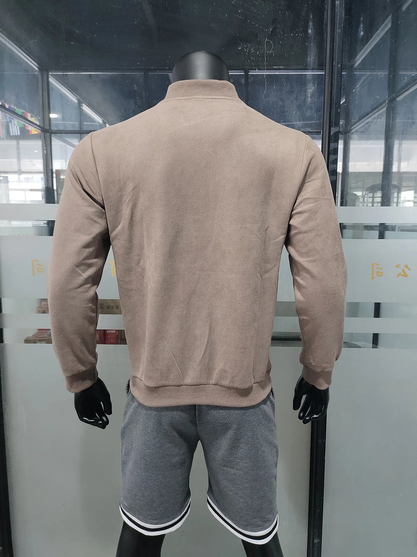 Men's Business Casual Suede Jacket Zipper Collar Warm Sporty Outerwear Polyester Fabric Long Sleeve round Hem Knitted Sleeve