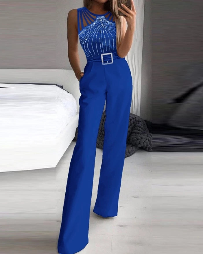 Elegant Party Jumpsuit for Women Round Neck Office Multi Strap Sleeveless Rhinestone Bootcut High Waist Wide Leg Pocket Overall
