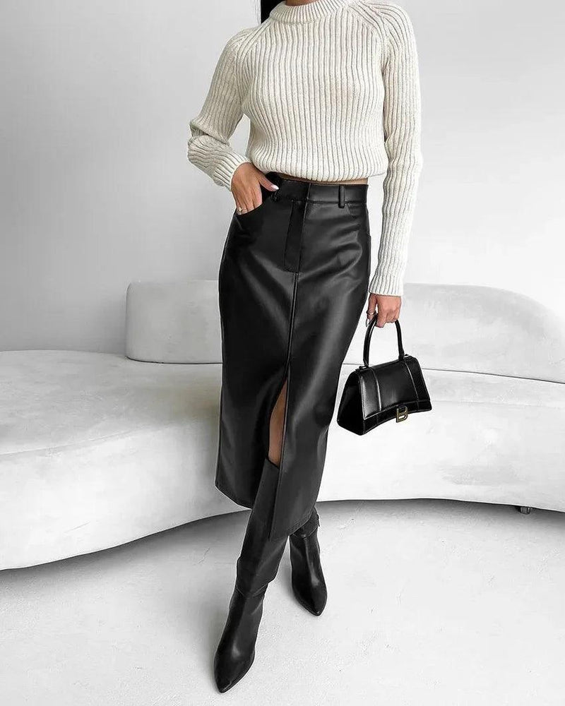 Black PU Women's Midi Skirt with Slit Fro Women 2024 Autumn Elegant Faux Fur Wrap Skirts for Women Office Leather Bottoms Korean - CRAVO ROSE