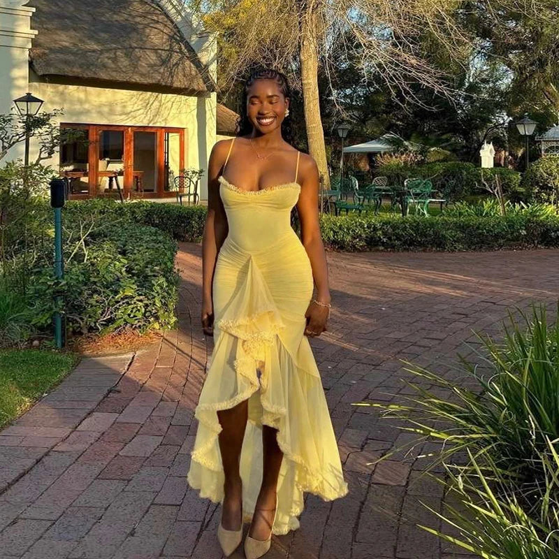 DGLUKE Spaghetti Strap Mesh Long Dress Women Ruched Bodycon Asymmetrical Ruffle Maxi Dress Elegant Ball Gown Dress 2025