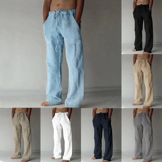 Calça masculina casual de algodão e linho, estilo baggy, respirável; ideal para fitness, streetwear