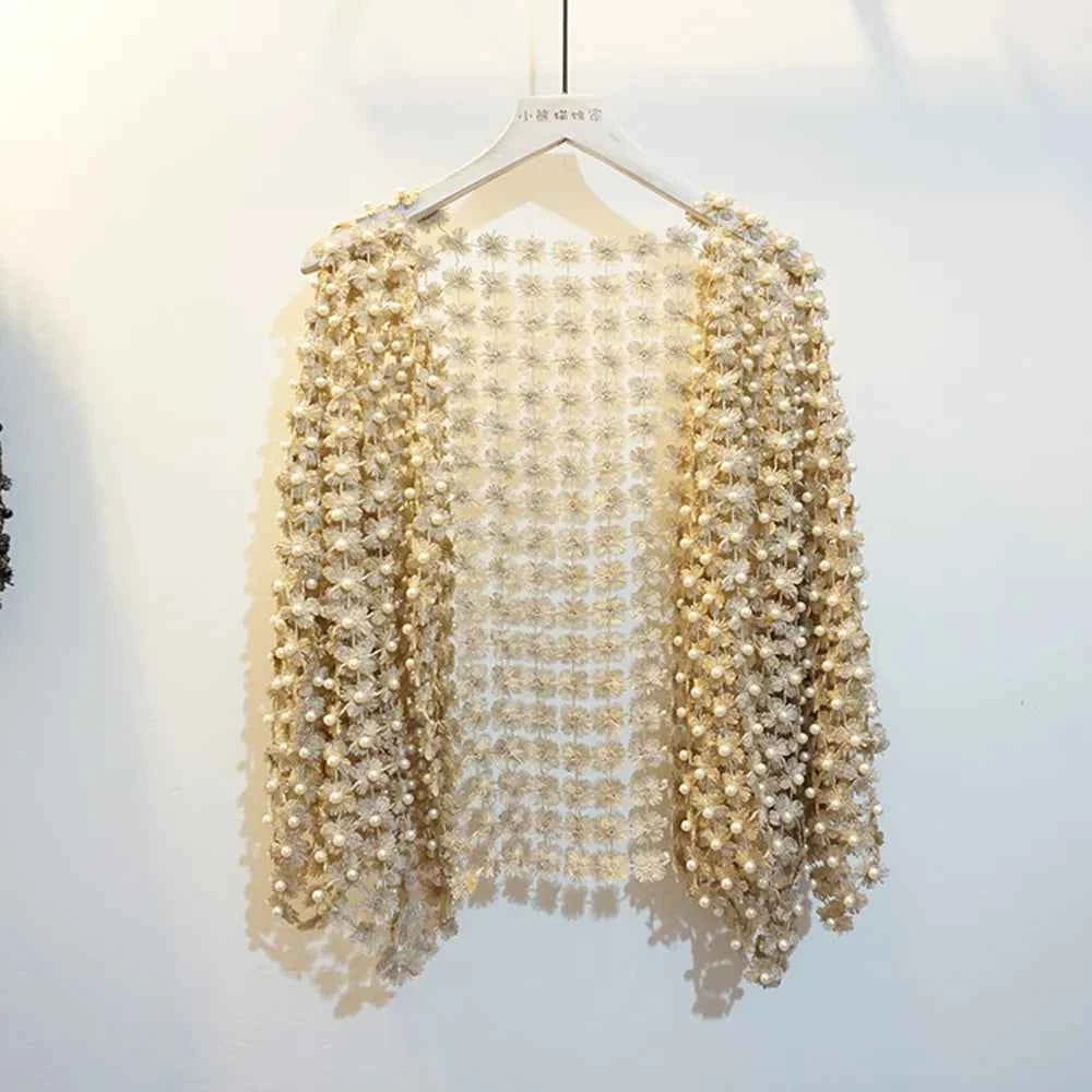 Women Beads Coat 2025 Summer Style Women Perspective Shawl Fashion Hollow Out Lace Boleros Short Sleeve Coats Jackets Femal
