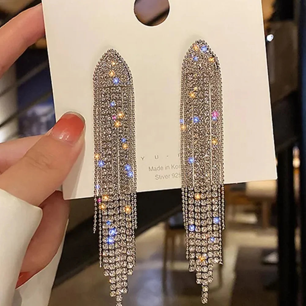 Moda feminina espumante strass longo borla brincos pingente festa de casamento jóias presentes - CRAVO ROSE