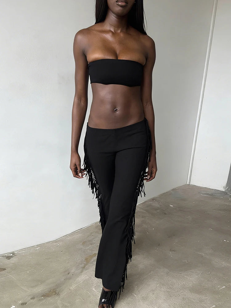 Weird Puss Side Tassel 2 Piece Set Women Tracksuit Mini Strapless+Straight Pants Matching Stretch Street Cool Hipster Outfits