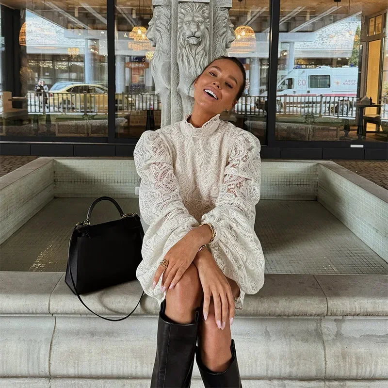 Elegant Lace Hollow Out Mini Dress Women Long Sleeve Designs Chic High Neck Short Vestidos 2026 Trendy Spring Club Night Gown