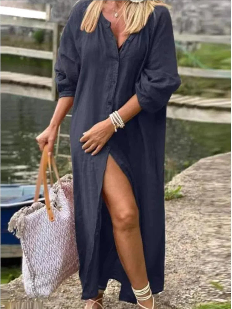 Vestido longo de algodão e linho, camisa com botões e decote em V, vestidos brancos, nova moda feminina, roupas elegantes e soltas