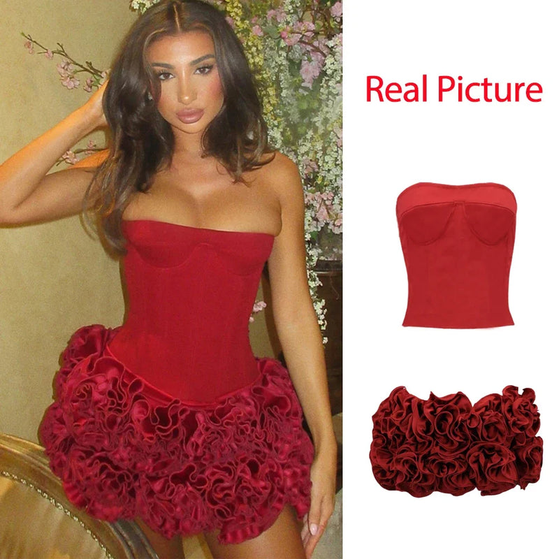 Mingmingxi Winter Strapless Sexy Cocktail Dress 2024 New Year Party Dresses Women 2024 Luxury Red Mini Lace Up Elegant Dress