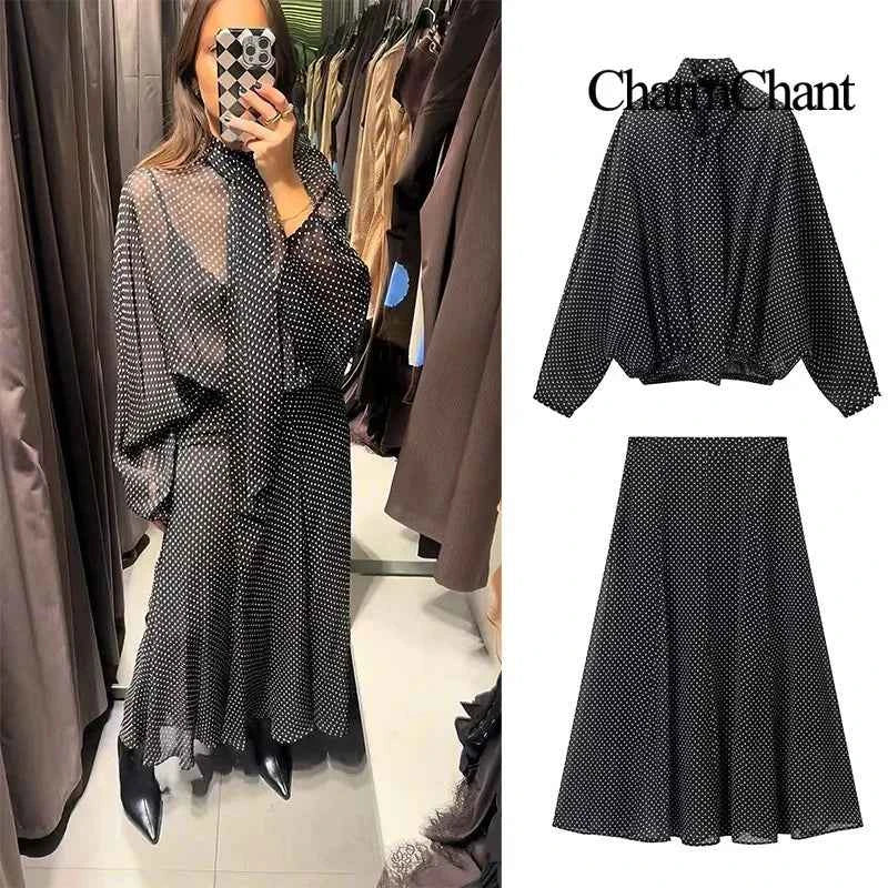 CharmChant Women's Polka Dot Sheer Chiffon Oversized Shirt & Maxi Skirt 2 Piece Set Spring 2026 Retro Elegant Chic Party Outfits