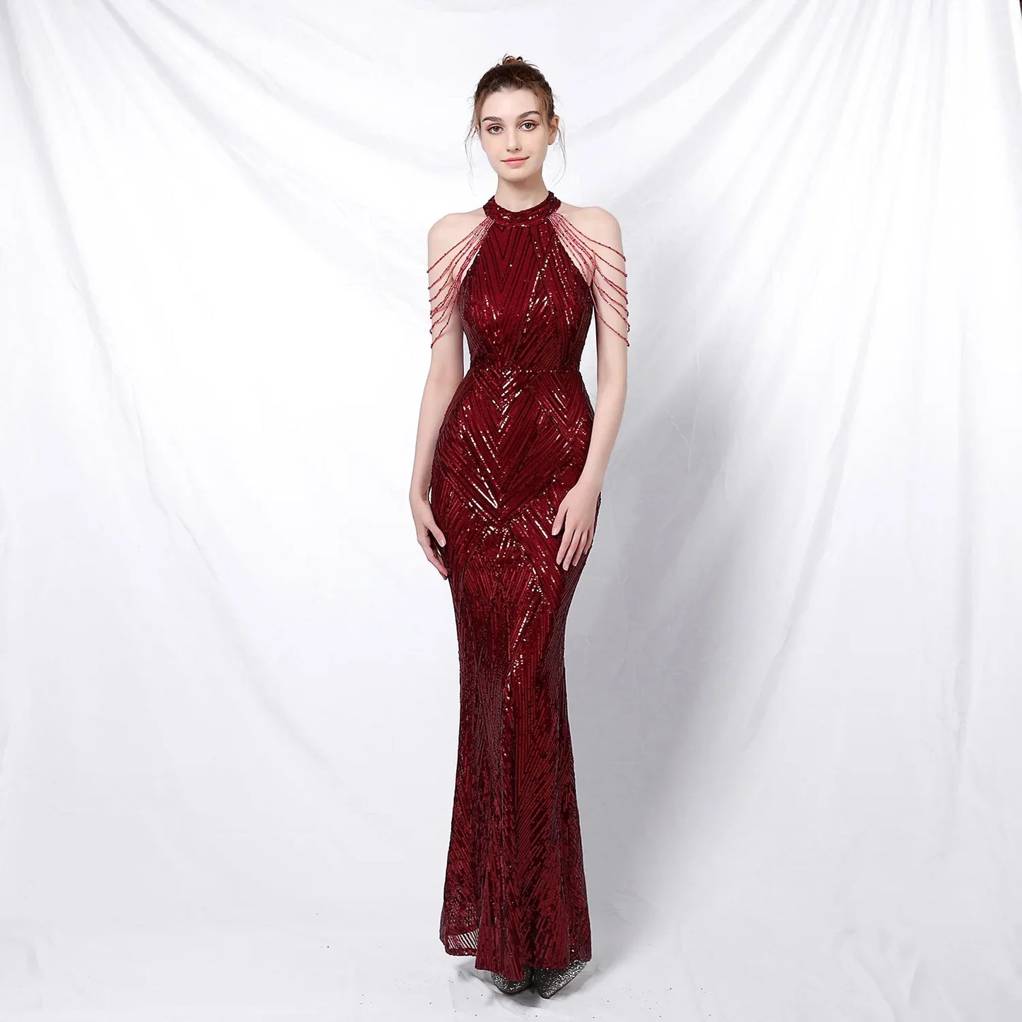 Xmas Sequin Maxi Dress Halter Neck Stripe Mermaid Long Lady Coctail Prom Dress Party Evening Dancing Performance Shimmering Wear