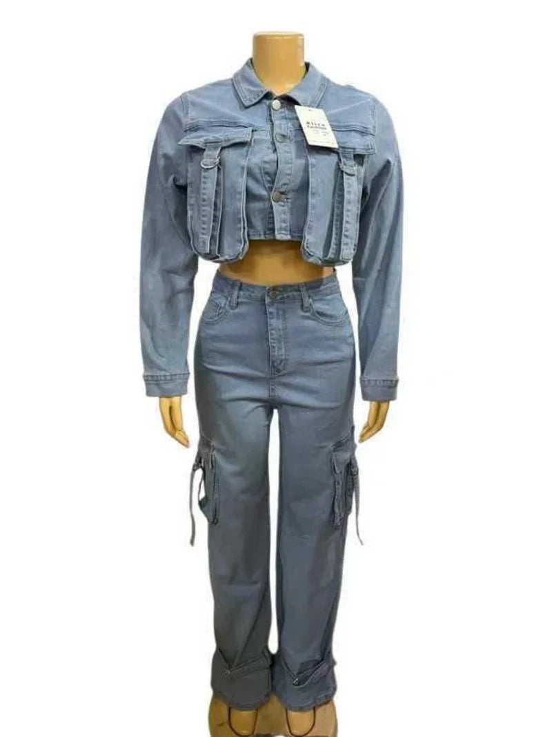 Street Denim 2 Piece Sets Women Outfit Autumn Clothes Women Jean Cropped Jacket Straight Jeans Pant Sets Safari Style Woman Sets