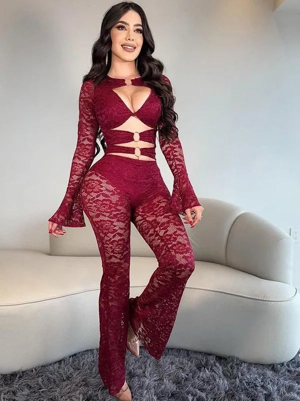 Sexy Hollow out Micro Flared Jumpsuit Long Pants  Lace Shirt Thickened Winter Collection for Elderly Women