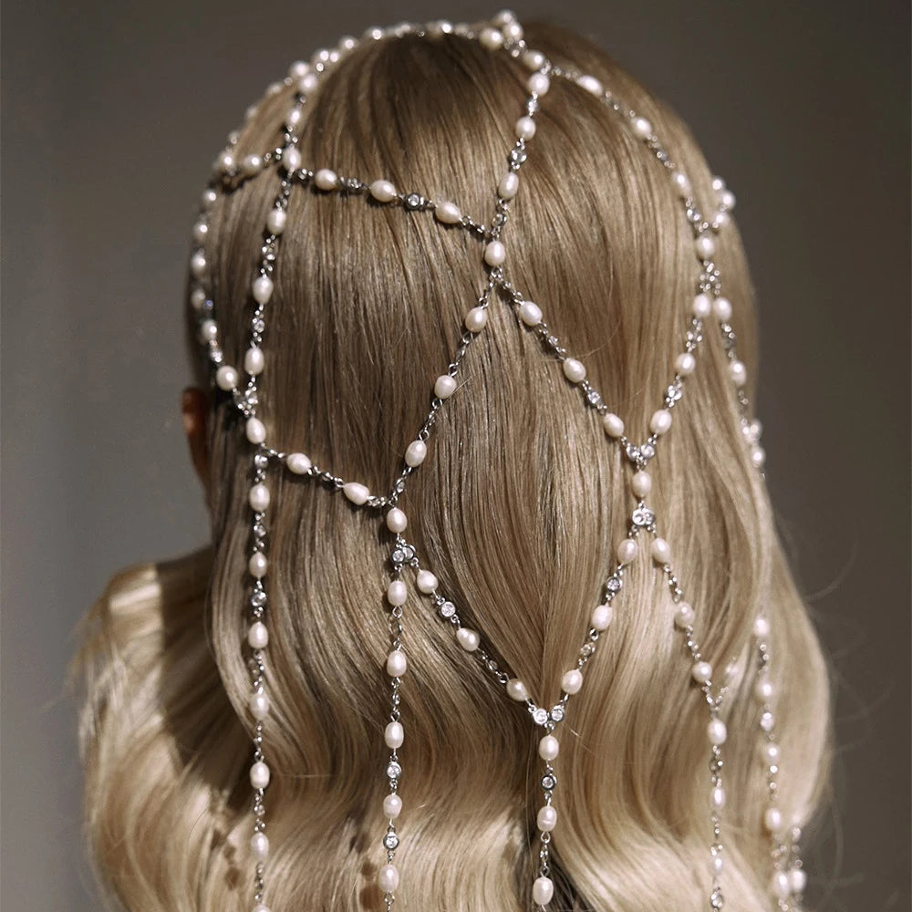 Bohemian Mesh Tassel Pearl Headband Chain Women Head Accessories Luxury Bridal Round Rhinestone Hair Chain Headpiece for Women