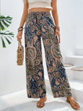 Calças de cintura alta com estampa da moda, pernas largas, primavera-verão, roupas femininas, calças casuais soltas, faixas elásticas, estilo boho, calças de praia