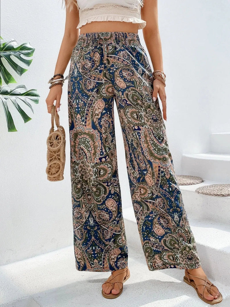 Calças de cintura alta com estampa da moda, pernas largas, primavera-verão, roupas femininas, calças casuais soltas, faixas elásticas, estilo boho, calças de praia