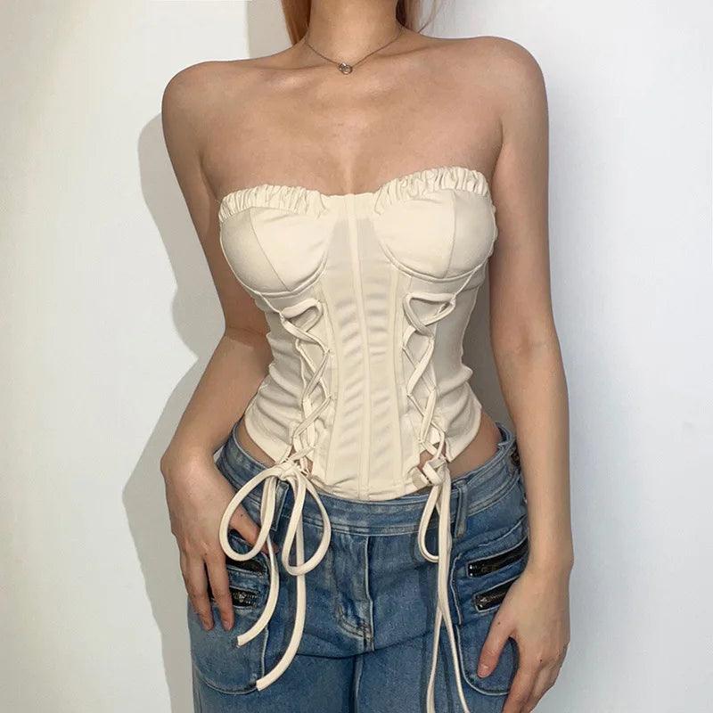 Harajuku Kawaii Vintage Cami Vest Hot Girl Crop Top White Lace Frill Zipper High Waist Bandage Slim Fit Corset Y2K Top Women - CRAVO ROSE