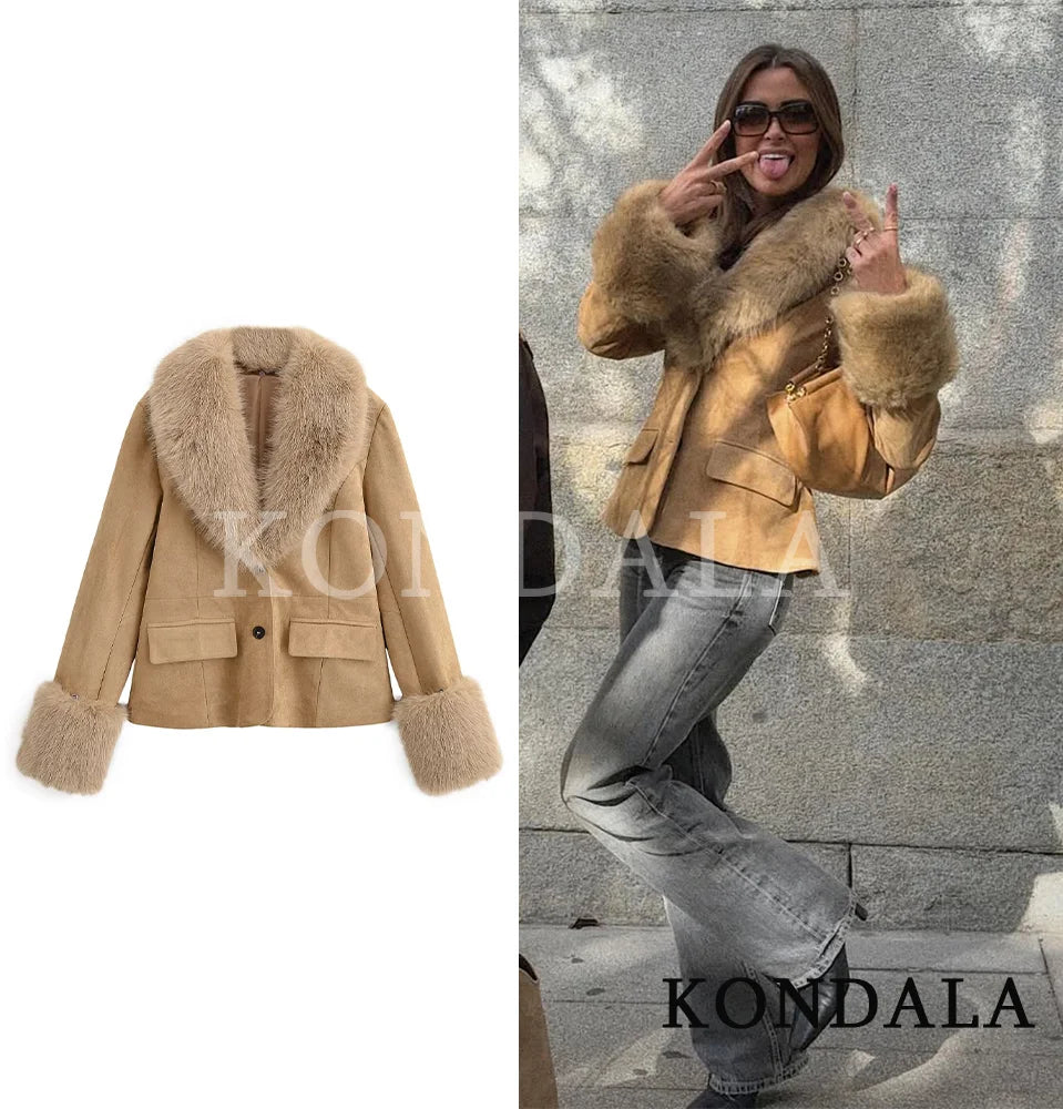 KONDALA Fall Fur Collar Suede Blazer Women's Elegant Buttons Slim Suit Jacket 2025 Autumn Fashion High Street Faux Fur Blazer