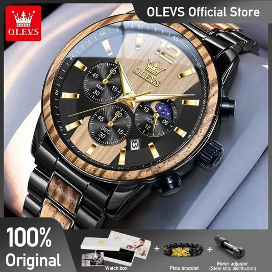 OLEVS 3645 Mens Watch Top Brand Business Original Quartz Watch Solid Wood Multifunctional Chronograph Watch Moon Phase Reloj New