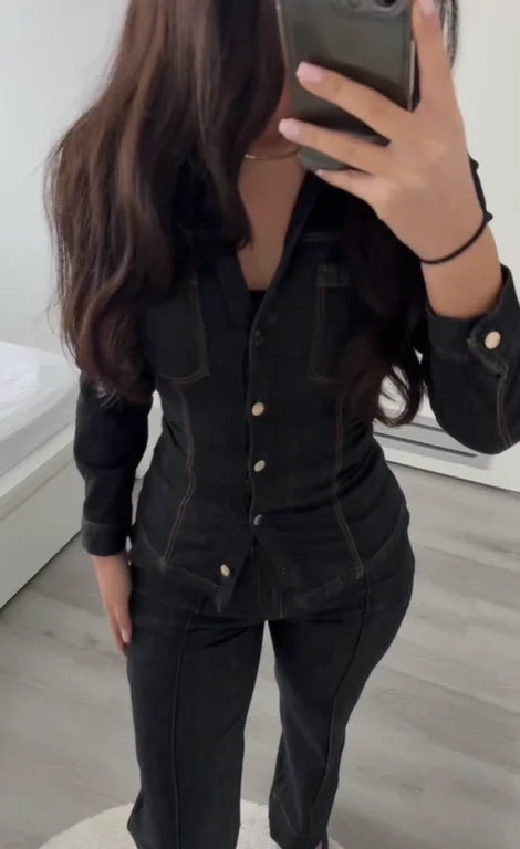 Women Fashion Denim Solid Top High Waist Pants Suits Casual Single Breasted Lapel Neck Shirts Pant Set Spring Lady Street Wear