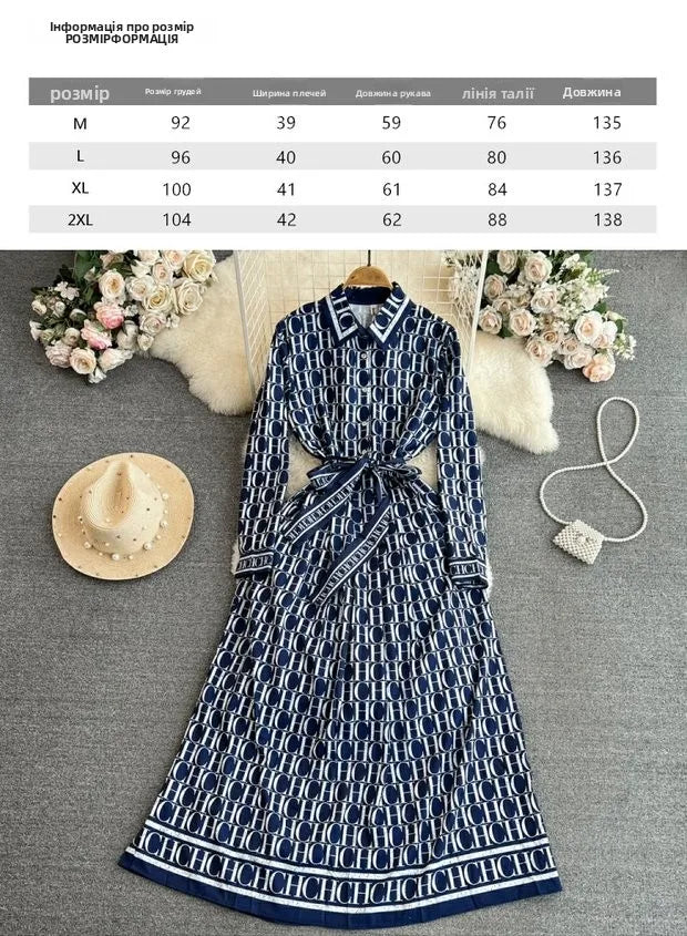 Elegant Retro Long Sleeve Print Shirt Dress Slimming A-Line High Waist Spring Autumn Korean Style Women's City Commute Dress