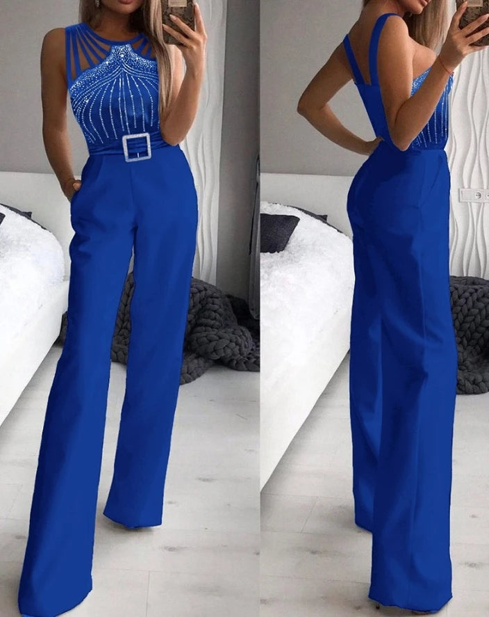Elegant Party Jumpsuit for Women Round Neck Office Multi Strap Sleeveless Rhinestone Bootcut High Waist Wide Leg Pocket Overall