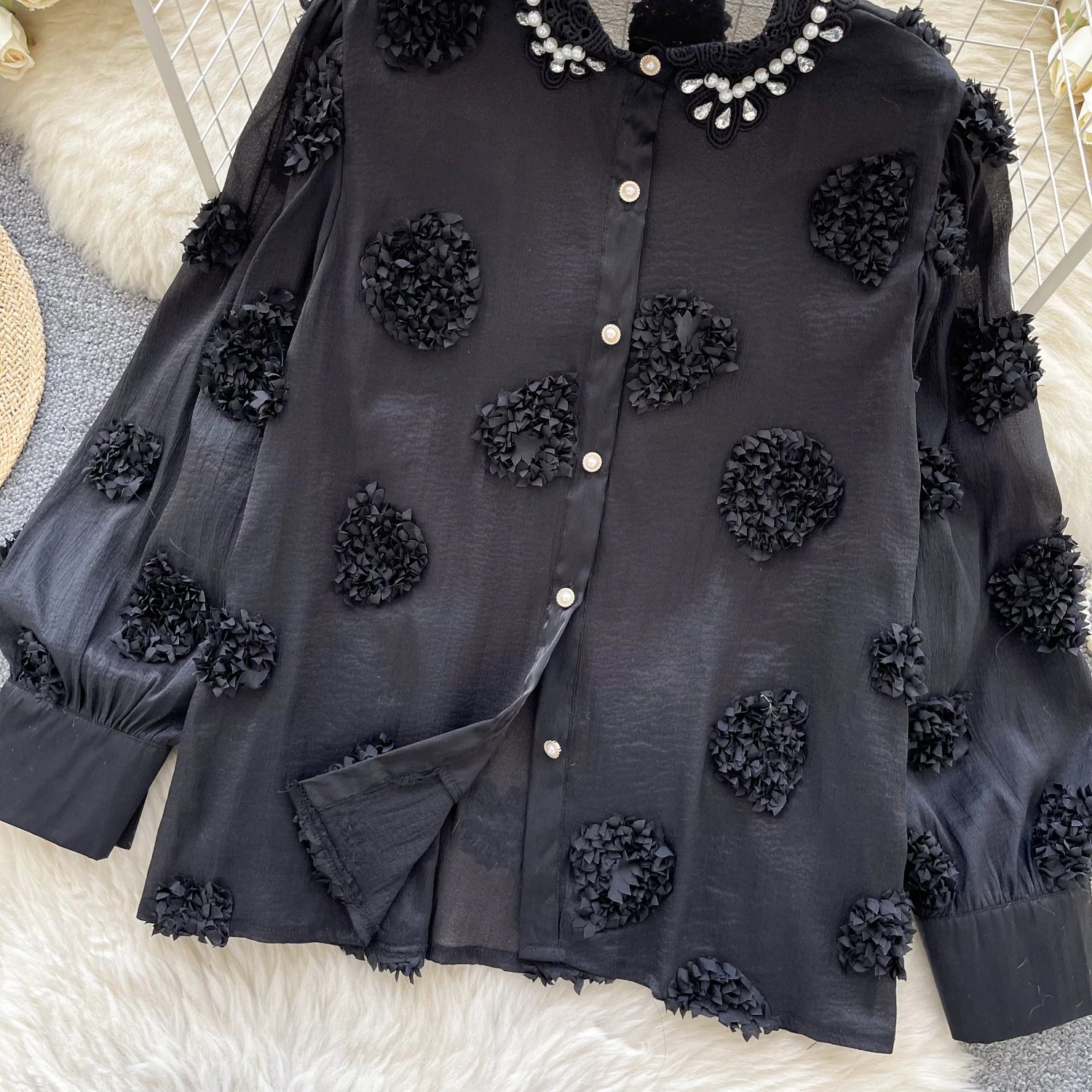 Blusa básica de manga comprida, gola polo vintage, gravata, abotoamento simples, solta, com strass, moda urbana francesa, blusa de outono