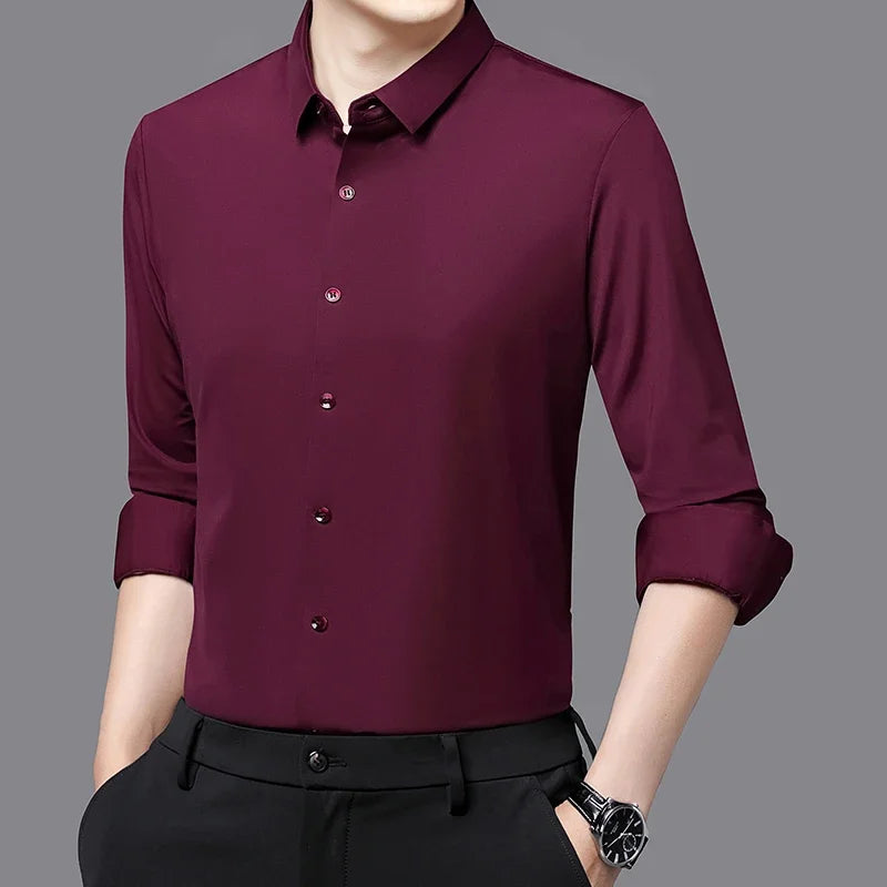 Camisa masculina premium ultraelástica - Camisa formal de manga comprida de seda de alta qualidade para uso social e casual