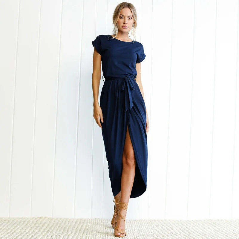 2023 Summer Beach Maxi Dress Women Floral Solid Short Sleeve Shirt Dress Casual Sexy Bandage Dress Robe Femme Vestidos Plus Size