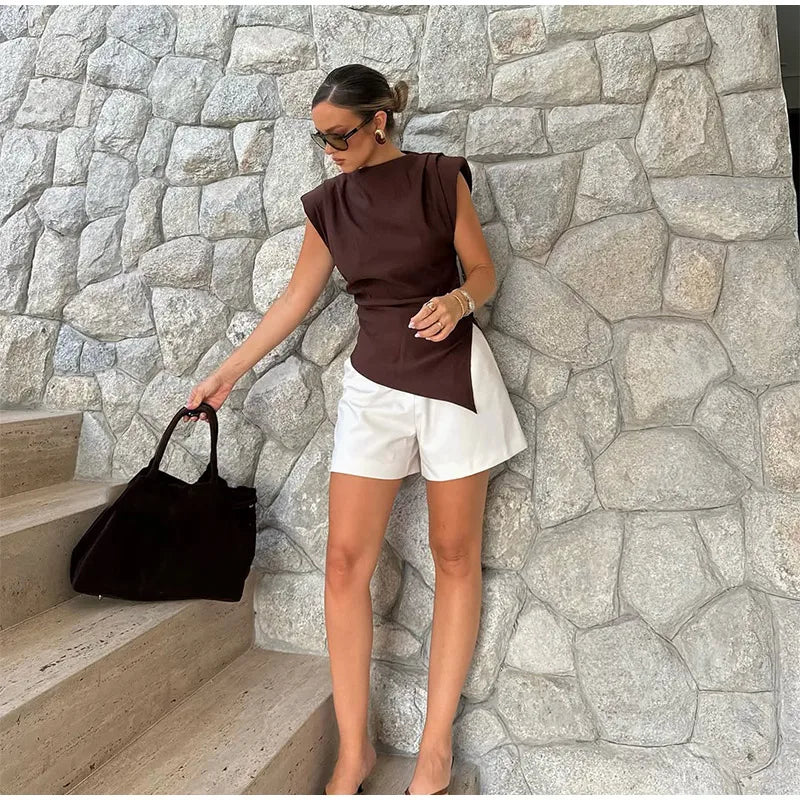 Vestido longo elegante com decote redondo e manga curta, moda feminina, liso, plissado, gaze, patchwork, 2025, novo, para escritório