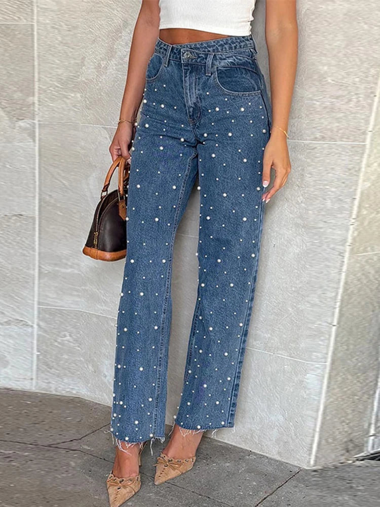 Calça jeans feminina moderna de cintura alta com perna reta e design chique de contas cravejadas, calça feminina casual e moderna de rua