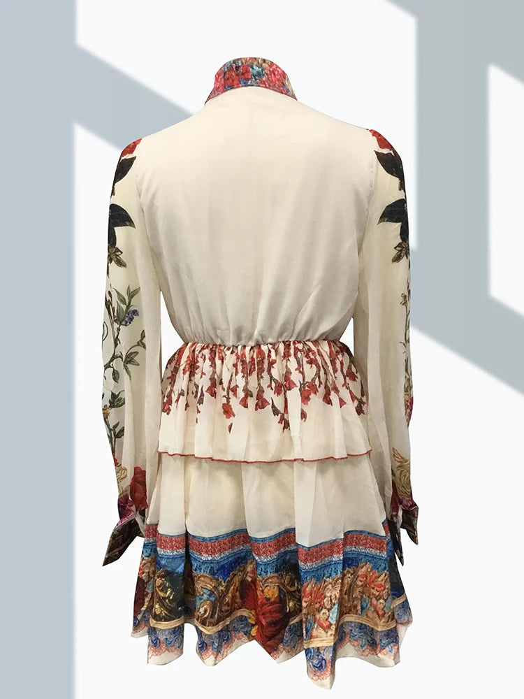Bohemian Ethnic Style Women's Mini Dress Fashion O-Neck Lantern Sleeves Retro Floral Pattern Print Lace-Up Mini Dresses 2025